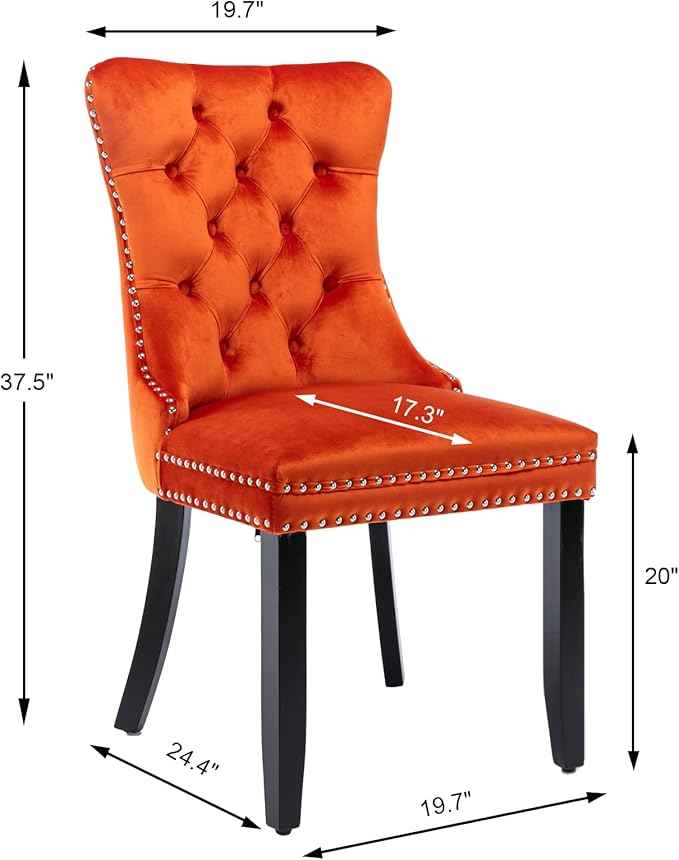Velvet Dining Chairs Set of 6, Upholstered Dining Room Chairs with Back Ring Pull Trim and Solid Wood Legs,Tufted Wingback Kitchen Chair Perfect for Dining Room,Living Room,Kitchen(Orange)
