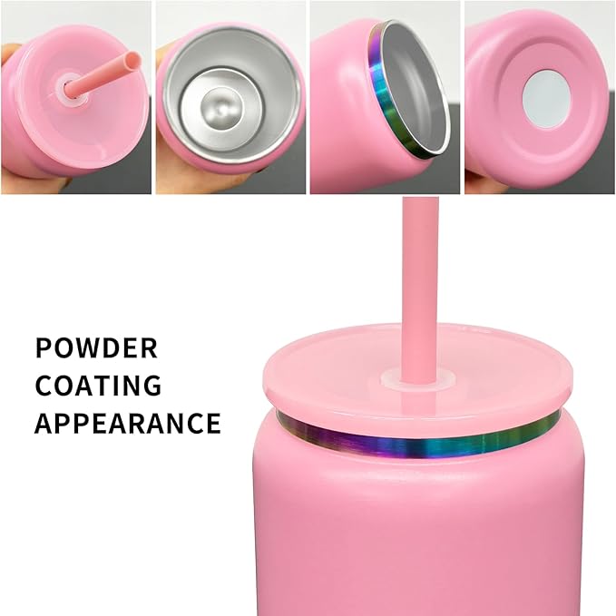 Glass Cups with Lids and Straws, 16 oz Stainless Steel Cups, Insulated Skinny Tumbler, Powder Coated Travel Mugs for Laser Engrave, Iced Coffee Cup for Smoothie Water DIY Gift (Pink,1 pack)