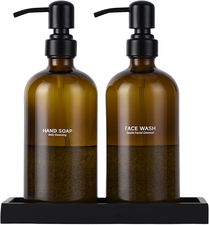 Glass Soap Dispenser Set for Kitchen, Hand and Dish Soap Dispenser with Stainless Steel Pump & Resin Tray, Rental-Modern Refillable Countertop Soap Dispenser for Kitchen Hotel,Amber