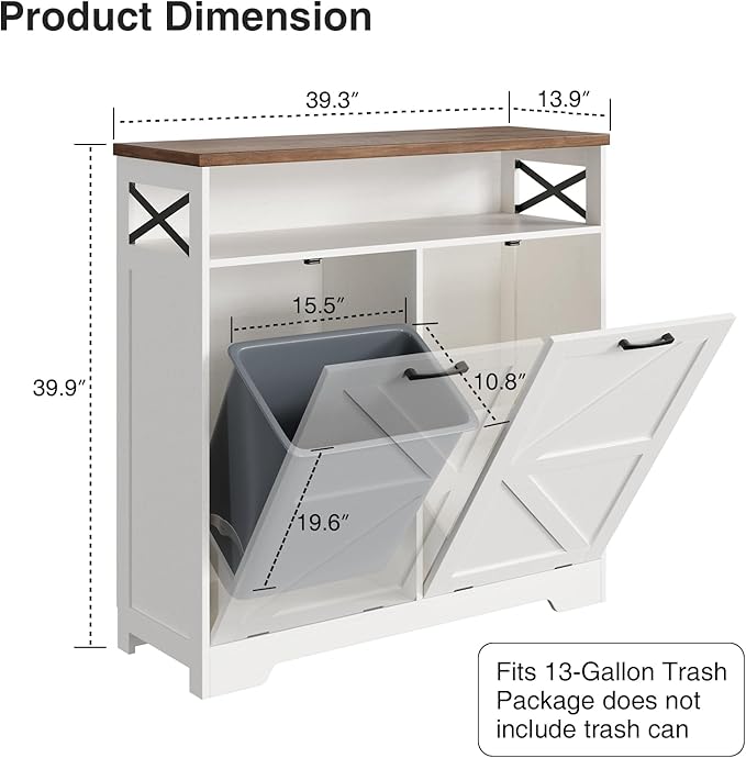 Double Tilt Out Trash Can Cabinet for 13*2 Gallon Garbage Can, Farmhouse Kitchen Garbage Trash Bin for Hidden Laundry Basket, Dual Dog Proof Recycling Cabinet for Bathroom, Living Room, White