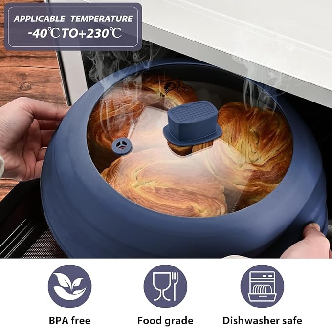 Tall Microwave Splatter Cover Glass Cover Guard Lid 5.8 inch Height with Collapsible Silicone for Food Pot Plate 10.8 inch Dark Blue