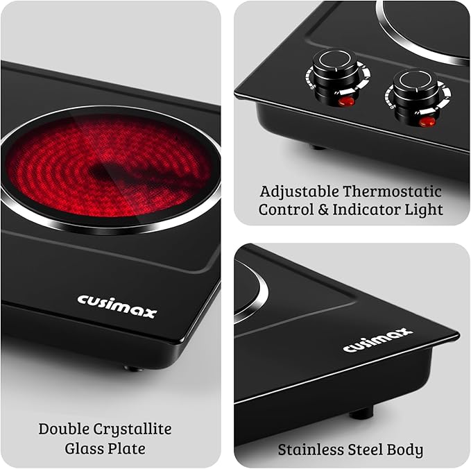 CUSIMAX Double Burner, 1800W Ceramic Electric Hot Plate for Cooking, Dual Control Infrared Cooktop, Portable Countertop Burner, Glass Plate Electric Cooktop, Stainless Steel Black