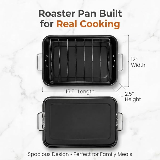 Moss & Stone 16.5” Roasting Pan with Rack – Heavy Duty Nonstick Carbon Steel Turkey Roaster, Large Rectangular Oven Pan with V-Rack, Bonus Carving Fork & Chef Knife
