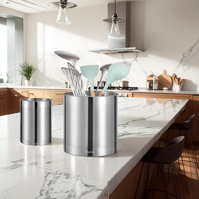 KSENDALO 3 Pack Stainless Steel Utensil Holder for Counter, Brushed Silver Metal Utensil Crock Canister with Heavy Base, Dishwasher Safe, for Kitchen Countertop Storage