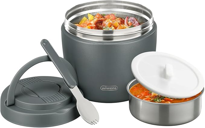 wiwens Thermo Food Jar for Hot Food Adults 32OZ Soup Thermo Lunch Containers Wide Mouth Vacuum Insulated Stainless Steel Leakproof Bento Box with Spoon (Grey)