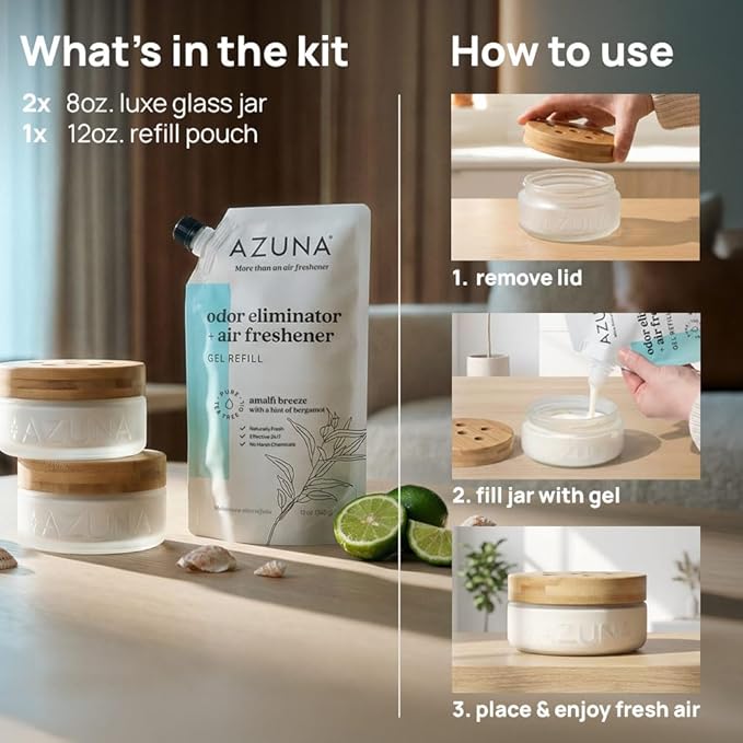 Azuna Air Freshener & Odor Eliminator for Strong Odor | 2 Room Kit Includes (2) 8 oz. Empty Luxe Glass Jars & 12 oz | Refill with Tea Tree Essential Oil Gel | Amalfi Breeze | Last 60-90 Days