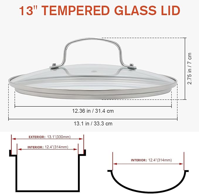 Luxshiny 13 Inch Tempered Glass Pot Lid with Heat Resistant Handle - Thickened Transparent Pan Cover for Frying Pans Woks and Cast Iron Skillets - Visual Cooking with Anti-Drip Design