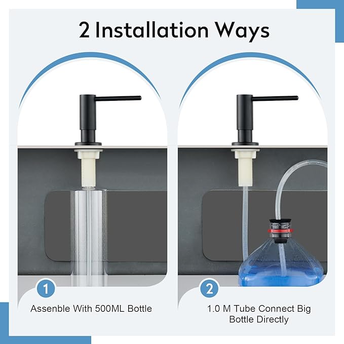 Kitchen Sink Soap Dispenser with 17 OZ Bottle and 40" Extension Tube Kit, Stainless Steel Built-in Soap Dispenser for Kitchen Sink or Countertop, in or Under Sink Installation, Matte Black