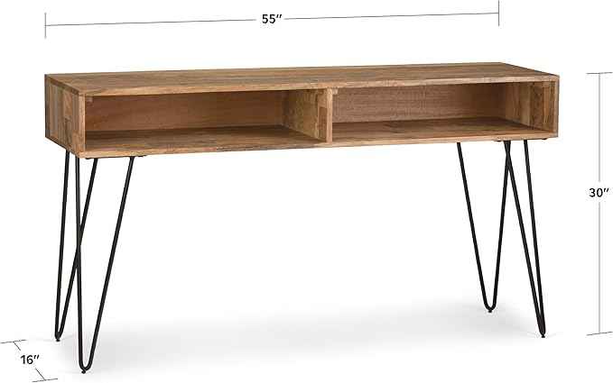 SIMPLIHOME Hunter Console Table - 55 Inch Wide Solid Mango Wood and Metal Sofa Table in Natural, Industrial Storage Table for Entryway or Living Room with 2 Open Cubbies and Black Hairpin Legs