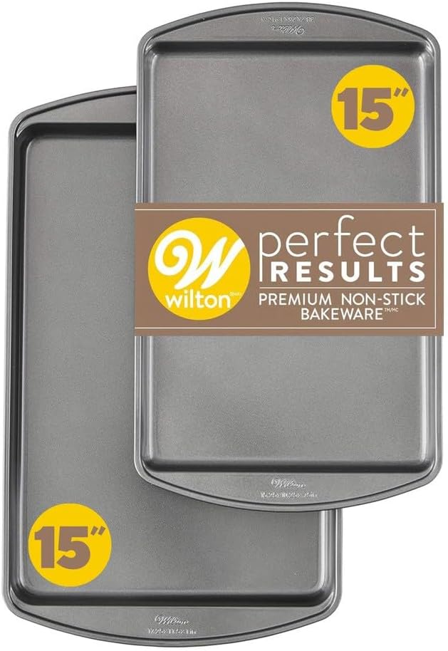 Wilton Perfect Results Nonstick Medium 15 x 10 in Cookie Baking Sheets Set, 2-Piece Steel Bakeware, Scratch-Resistant, Dishwasher Safe