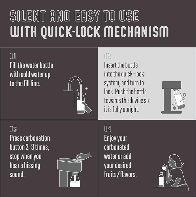 Mysoda Woody Sparkling Water Maker - Silent Carbonated Water Machine Robust Long-Lasting Aluminium Soda Maker - With 1L Water Bottle - Without CO2 Cylinder - Black