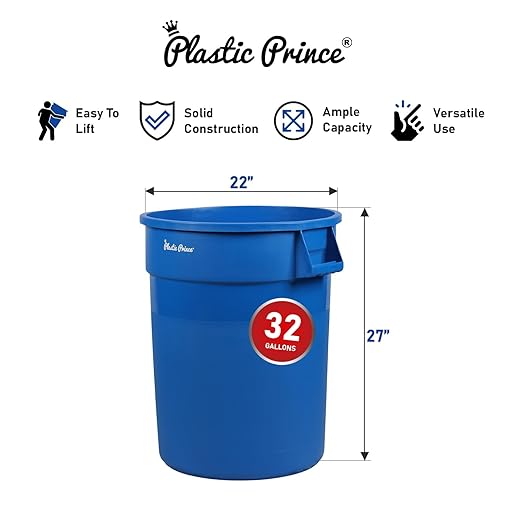 PLASTIC PRINCE 32 Gallon Round Trash Can with Lid and Dolly Blue Plastic Commercial Garbage Container for Home Garage Restaurants Warehouses - Bundle