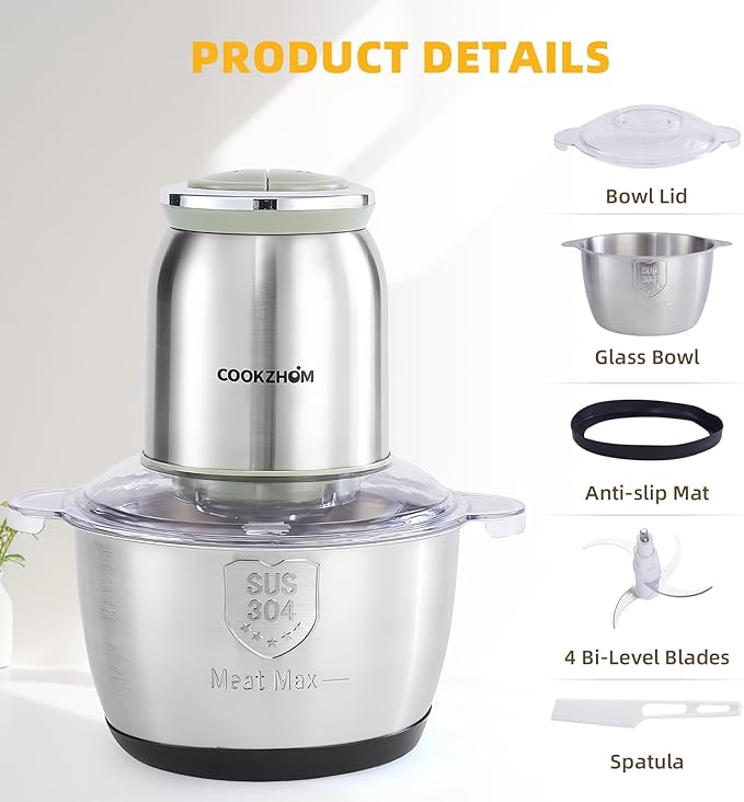 Silver Food Processor,500W Electric Meat Grinder with 8 Cup Stainless Steel Bowl and 4 Sharp Blades, Food Chopper & Vegetable Chopper for home use,Meat Processor, Vegetables, Fruits and Nuts
