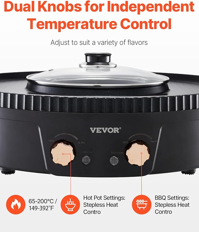 VEVOR Hot Pot with Grill, 1800W 2-in-1 Electric Smokeless Grill and Hot Pot, Korean BBQ Shabu Shabu Hotpot with Separate Dual Temperature Control, Non-stick Pan, for 2-8 People Family Dining