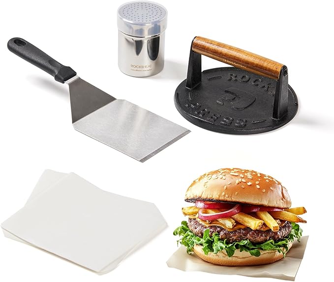 7 Inch Cast Iron Burger Press Set with Stainless Steel Spatula, Seasoning Shaker & Patty Papers - Heavy-Duty Smash Burger Maker for Griddle, BBQ & Camping