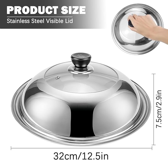 12.5 Inch Tempered Glass Frying Pan Lids with Handle Replacement Cover Wok Accessories for Skillets, Round Cast Iron, Cast Aluminium, Stainless Steel Pans（32cm）
