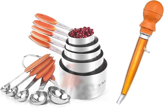 U-Taste 18/8 Stainless Steel Measuring Cups and Spoons Set of 10 Piece, Upgraded Thickness Handle and 1.5oz Heat Resistant Angled Turkey Baster with Cleaning Brush for Cooking Basting (Orange)