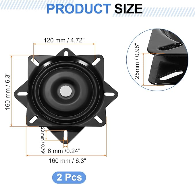 uxcell 6.5" Bar Stool Swivel Replacement, 360° Rotation Lazy Susan Turntable, Square Semi-Ball Bearing Seat Swivel Base Mount Plate for Recliner Chair or Table, Black (160x1.5mm)