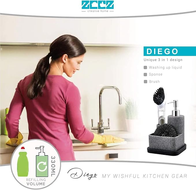 ZCCZ Black Soap Dispenser with Sponge Holder, Kitchen Soap Dispenser Pump, Sponge Caddy and Brush Holder 3 in 1 Set Organizer for Sink Countertop, Removable Tray, Marble Look (Brush NOT Included)