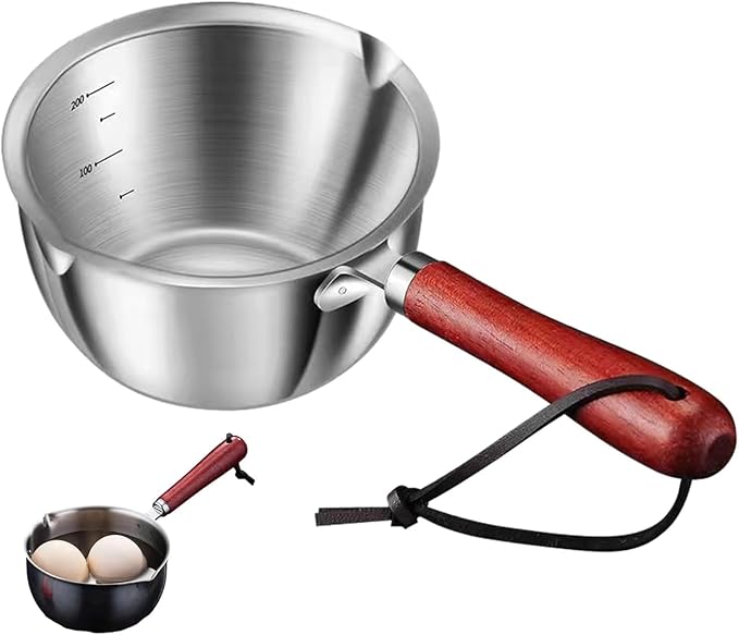Butter Warmer Pot, 300ml 4.1x2.36in Milk Pot for Stove, Versatile Small Stainless Steel with Pour Spout and 4in Wooden Handle for Melting Butter, Heating Sauces, or Making Coffee