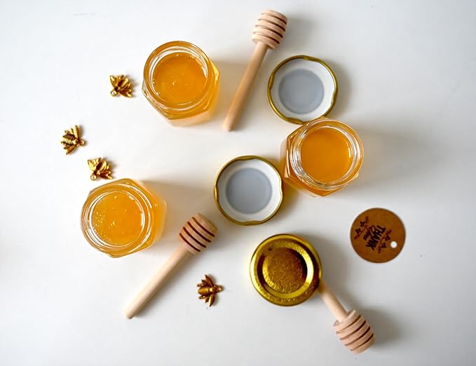 Adabocute 60 Pack Mini Honey Jars with Dipper - Honey Pot with Gold Lid, Bee Pendants, Jutes, Gift Bags and Stickers - For Baby Shower Wedding Favors
