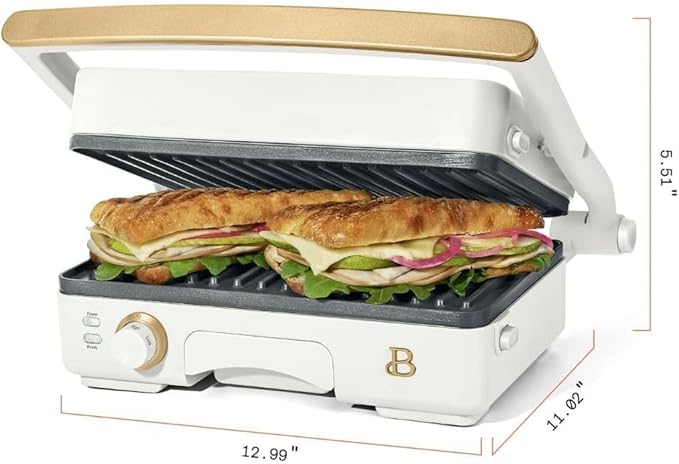 Panini Press Indoor Grill 1 2-in-1200W Non-Stick Removable Plates Sandwich Maker by Drew Barrymoree. (White Icing)