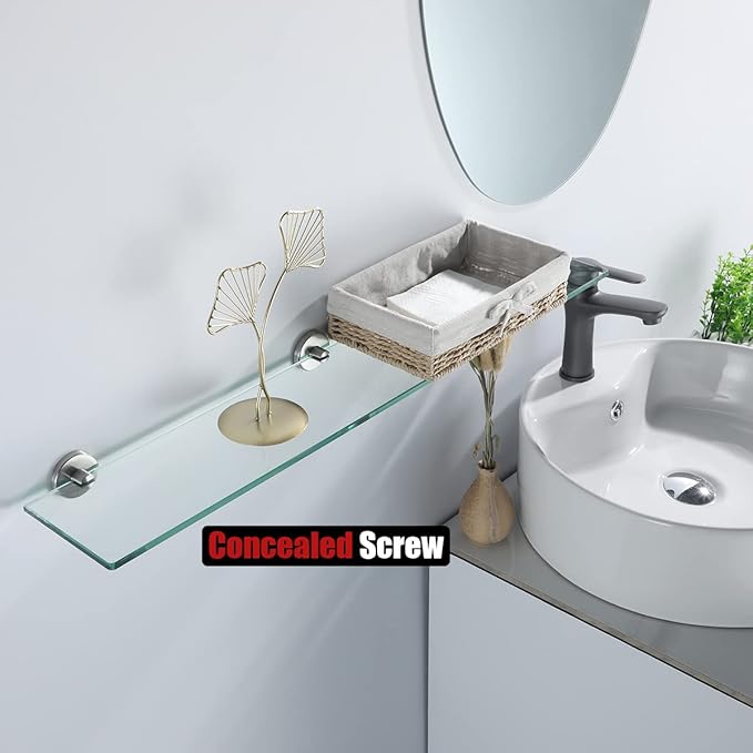 JQK Bathroom Glass Shelf, Tempered Glass Shower Storage 30 by 5 inches, 304 Stainless Steel Brushed Finish Wall Mount, TGS101L30-BN