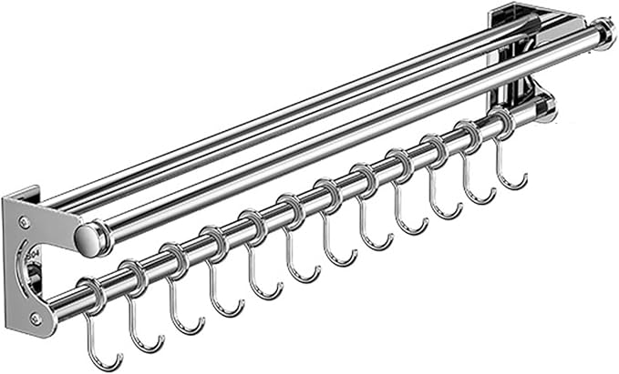 Silver 40CM+8Hook Modern Kitchen Utensil Hanger, Space-Saving Wall Mount Knife Wall Mount, Kitchen Storage Shelf with Hooks, Easy to Clean