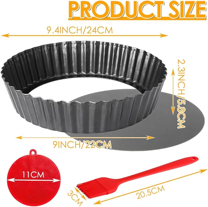 2 Pack 9.5 Inch Tart Pan Pie Pan, Heavy Duty Deep Quiche Pan with Removable Bottom, Nonstick Carbon Steel Deep-dish Round Pie Plate Tin with Oil & Dish Brush