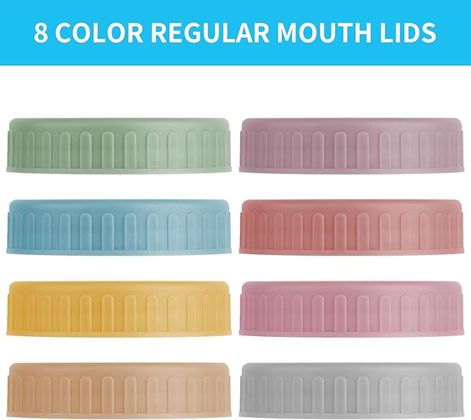 Vaincre 8PCS Mason Jar Lids - Colored Plastic Mason Lids Regular Mouth, Leak Proof Canning Covers with Silicone Rings for Ball, Kerr and More, Reusable Can Tops Caps Covers for Jars