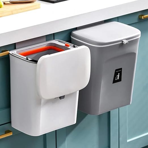 Kitchen Compost Bin with Lid 9l Hanging Trash Can Plastic Sealed Waste Basket with Inner Bucket for Home Wall-Mounted Food Scrap Storage and Recycling