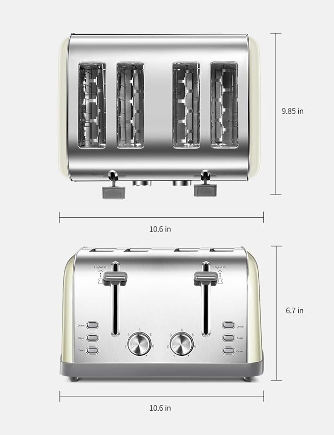 Toaster 4 Slice, Extra Wide Slots, Stainless Steel with High Lift Lever, Bagel and Muffin Function, Removal Crumb Tray, 7-Shade Settings with Warming Rack, Silver, Yabano