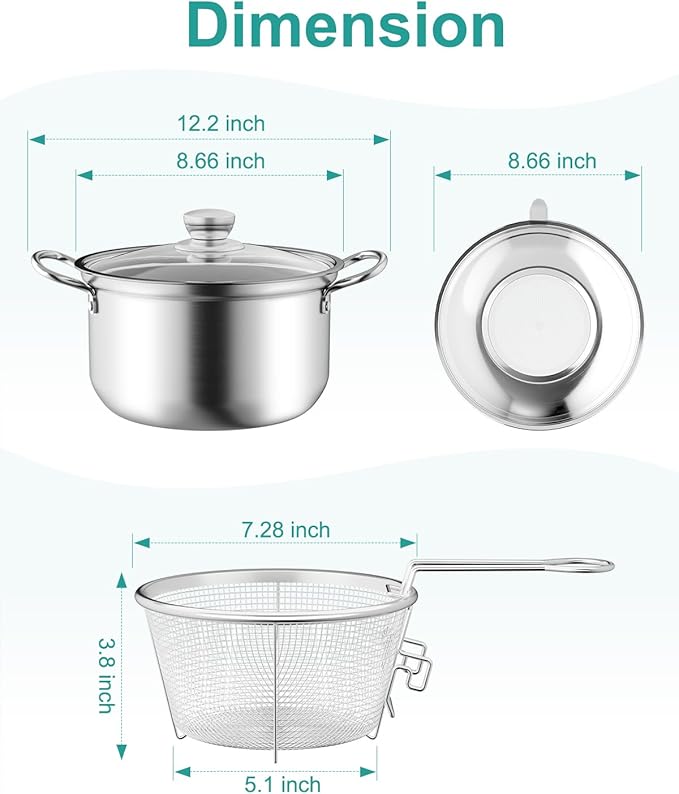 OPENICE Deep Fryer Pot with Basket, Stainless Steel Frying Pot with Basket Lid and Oil Strainer for Stove Top Frying, Boiling, 4.25qt Small Fryer Pot for 1-3 Peoples