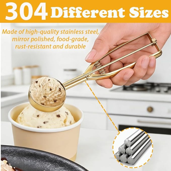 Gold Ice Cream Scoop 304 Stainless Steel Cookie Scoops for Baking Melon Baller with Trigger 3 Sizes (Gold, L)