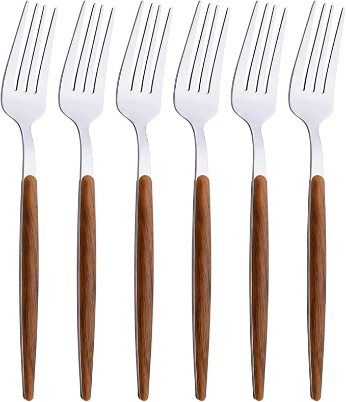 6-Piece Dinner Forks Set, Stainless Steel Forks With Round Wooden Effect Handle, Forks Silverware Set for Home Kitchen Restaurant Hotel, 8.27inches, Mirror Finish & Dishwasher Safe