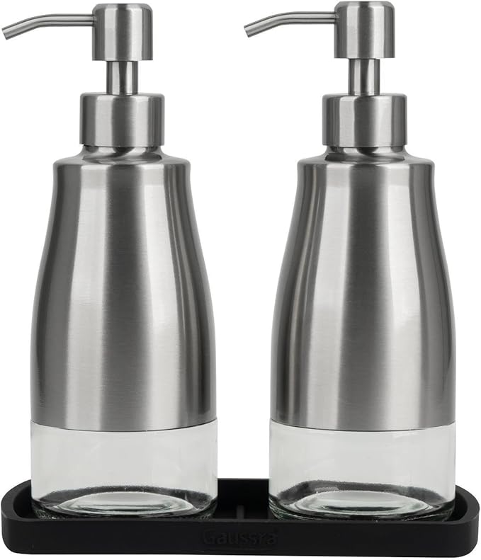 Gaussra Kitchen Soap Dispenser Set with Silicone Tray and Stickers - Brushed Nickel, Stainless Steel Glass Soap Dispenser Bathroom, Refillable Hand Dish Dispenser for Kitchen Sink
