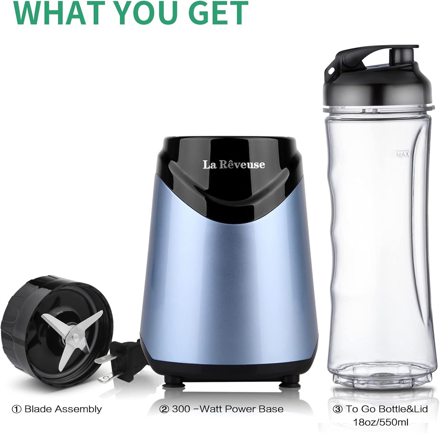 La Reveuse Smoothies Blender Personal Size 300 Watts with 18 oz BPA-free Portable Travel Sports Bottle (Light Blue)