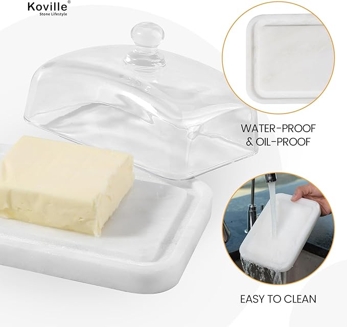 Koville White Marble Butter Dish with Lid for Countertop and Refrigerator Door Shelf, White Marble Butter Keeper, Stone Butter Dish with Lid, Airtight Butter Keeper Container, Dishwasher Safe