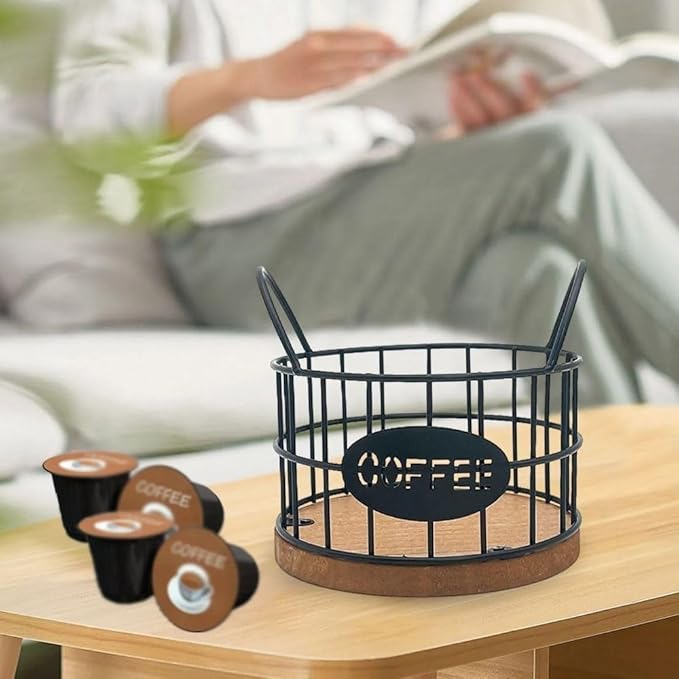 Coffee Pods Holder for Countertop, K Cup Holder Organizer, Sturdy Kcup Storage Basket with Wooden Base, Pods Container for Kitchen Bar Counter Office Desktop (Black)