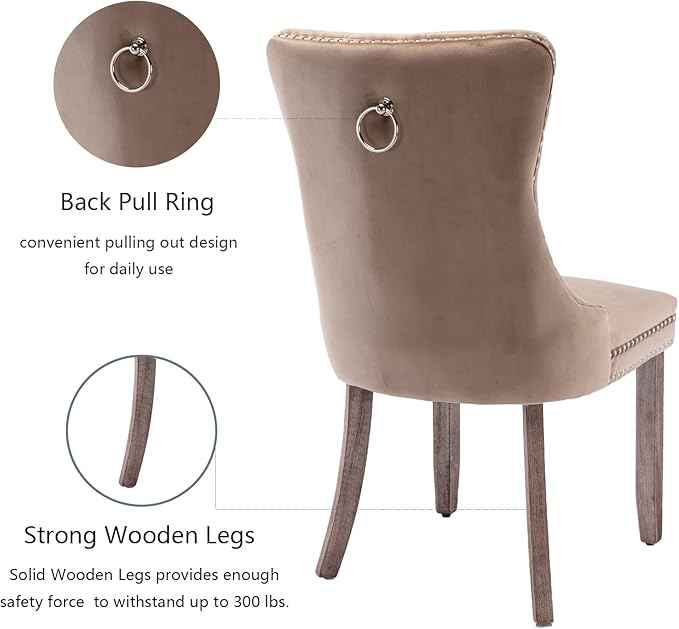 Upholstered Dining Chairs Set of 6, Velvet Dining Room Chairs with Back Ring Pull Trim and Solid Wood Legs, Tufted Wingback Kitchen Chair Perfect for Dining Room,Living Room,Kitchen(Khaki)