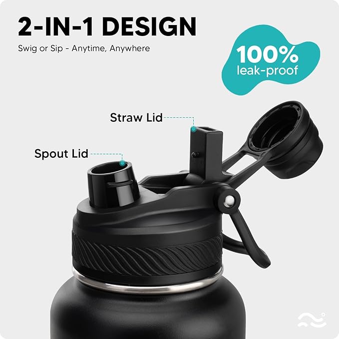 Swigina [2-IN-1 LID] Insulated Water Bottle with Silicone Boot (36hrs Cold/18hrs Hot) - DIY Stickers, Leakproof, BPA Free, 40 oz