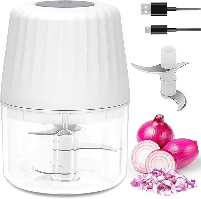 Mini Garlic Chopper, 250ml Small Food Processor Cordless 1 Cup, Battery USB-C Rechargeable Electric Food Chopper Wireless, Portable Garlic Grinder Masher,Veggie Meat Blender Mincer Kitchen Mixer,White