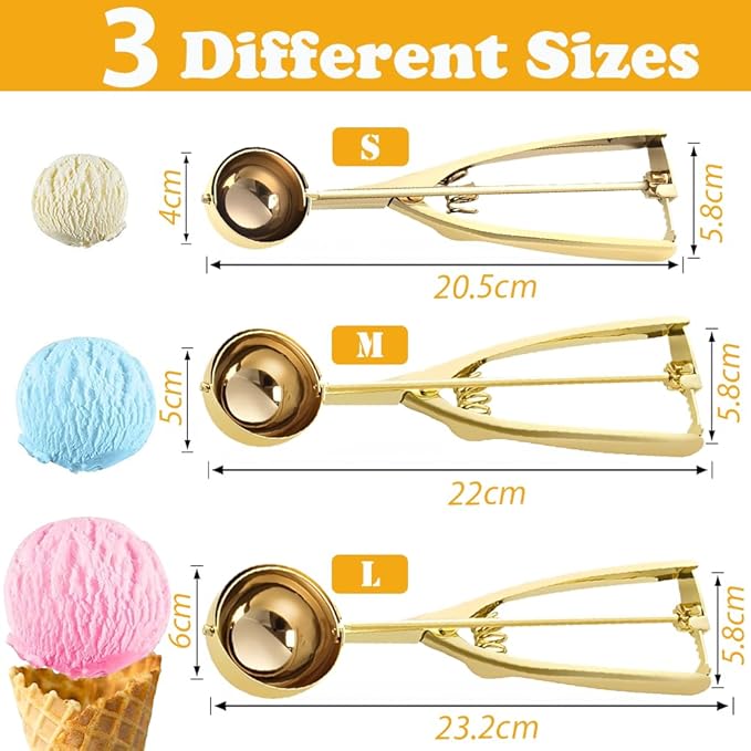 Gold Ice Cream Scoop 304 Stainless Steel Cookie Scoops for Baking Melon Baller with Trigger 3 Sizes (Rose Gold, S/M/L)
