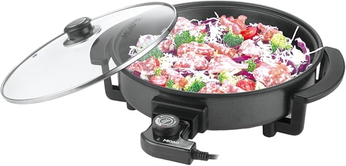 12" Round Electric Skillet with lid, Ceramic Nonstick Coating Electric Frying Pan, 1500W Quick & Even Heating, 5 Adjustable Temperature Control, Tempered Glass Lid & Cool-Touch Handles