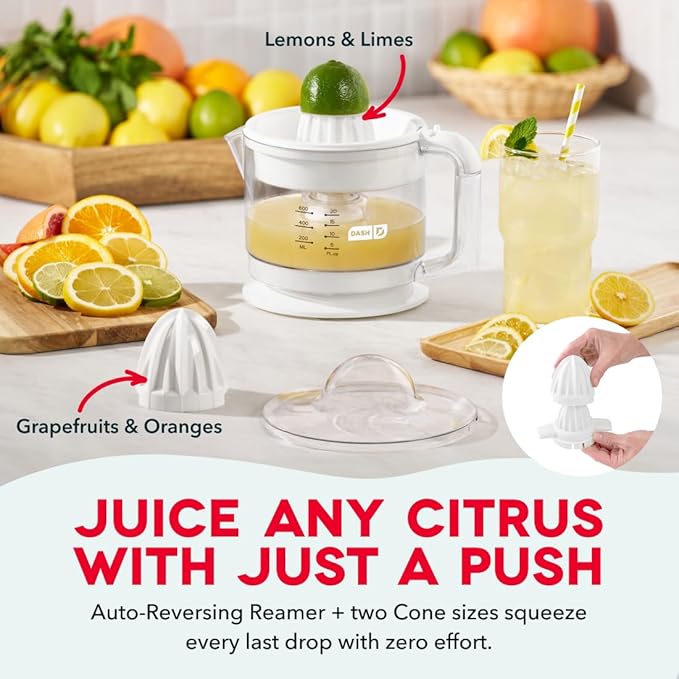 Dash Citrus Juicer Extractor: Compact Juicer for Healthy Juice, Oranges, Lemons, Limes, Grapefruit & other Citrus Fruit with Easy Pour Spout + 20 oz Pitcher - White