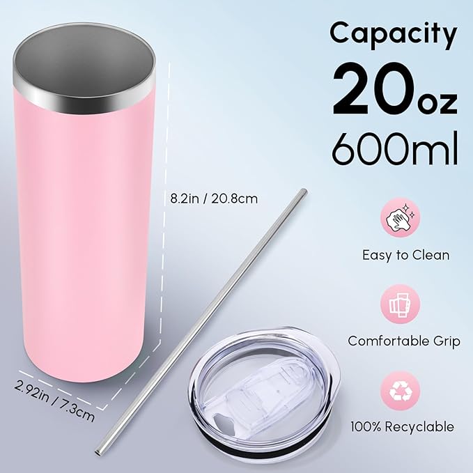 Volhoply 8 Pack Skinny Tumblers with Lid and Straw, 20oz Stainless Steel Straight Tumbler Bulk, Vacuum Insulated Coffee Mug for Home, Office, Travel, DIY (Pink,8 Pack)