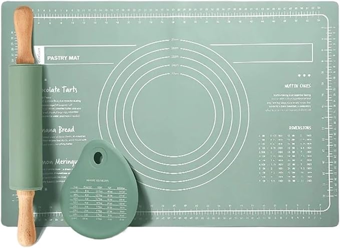 Silicone Measuring Kneading Pad Set Household Rolling Pin Dough Large Thick Non-slip Non-stick Bottom Baking Tool(Three piece set gree)