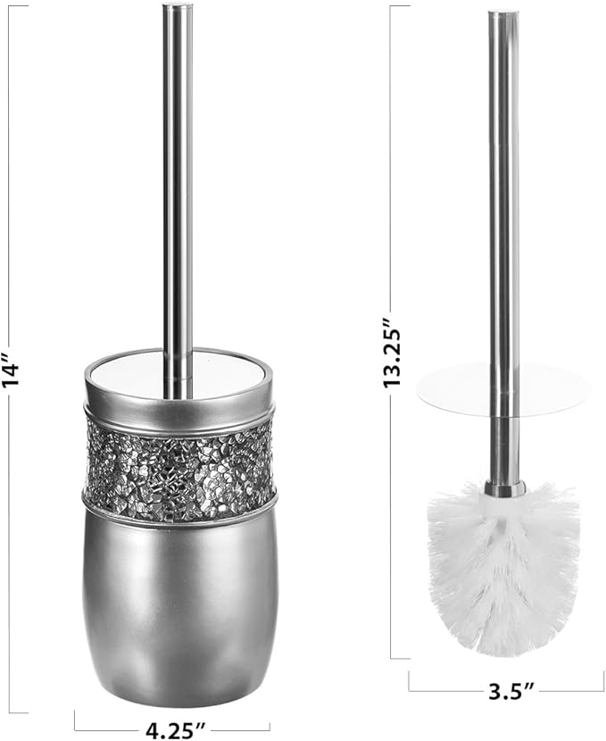 Creative Scents Crackled Glass Toilet Brush with Holder - Silver Toilet Bowl Cleaner Brush and Holder - Good Grip, Deep Cleaning, Decorative Design Compact Toilet Bowl Scrubber