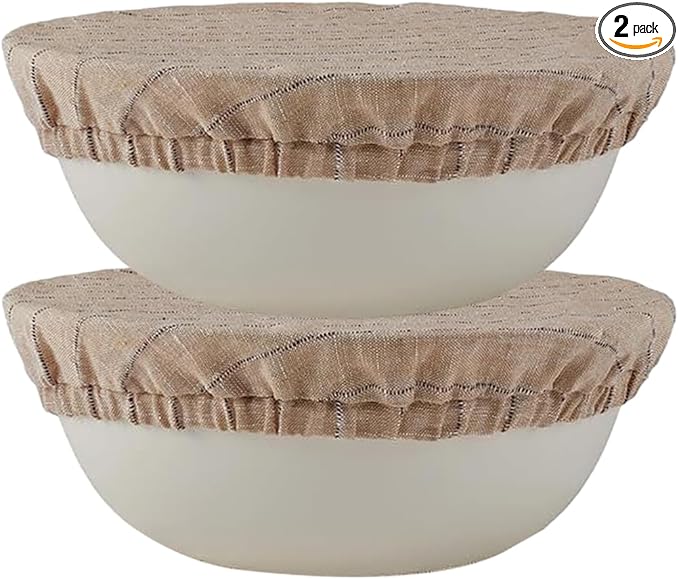 100% Pure Linen Bowl Covers For Bread Proofing, 2 Pcs 10 Inches Elastic Reusable Bowl Covers Large Ticking Striped Cloth Fabric Stretch Sourdough Lids