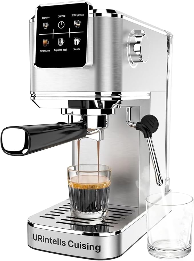 URintells Cuising Espresso Machine 20 Bar,Touch Screen Espresso Maker with Steam Milk Frother,Stainless Steel Coffee Machine for Cappuccino Latte Americano Cold Brew,1350W Fast Heat Up System,Silver